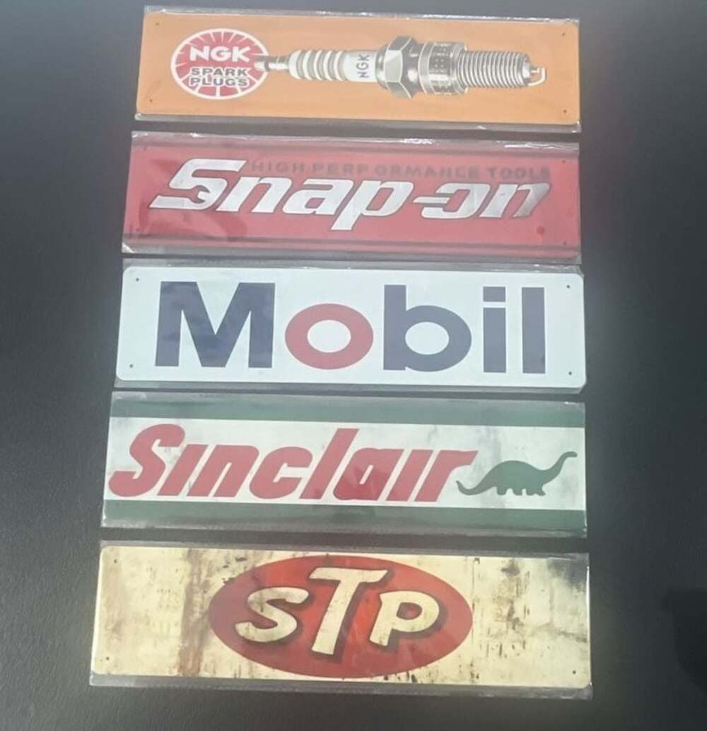 Set of 5 Retro-Style Metal Garage Advertising Signs featuring NGK, Snap-on, Mobi